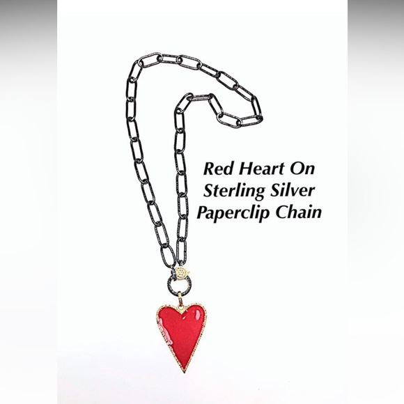 Diamond Black, Pink, & Red Enamel Heart on Diamond Lobster Clasp Paperclip Chain - Picture 4 of 6